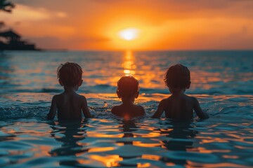 Three children's silhouettes in a sea watching the sun set on the horizon, creating a reflective path