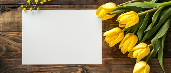 Yellow tulips frame a blank white canvas on a textured wooden table, ideal for springtime announcements or design layouts.