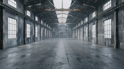 Empty industrial warehouse interior with weathered walls and symmetrical design. - obrazy, fototapety, plakaty