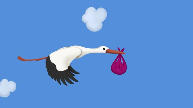 Stork with baby girl looped animation