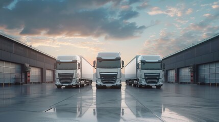 Semi-trucks parked at a loading dock during sunset with wet reflective ground - obrazy, fototapety, plakaty