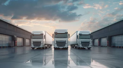 Foto op Aluminium Semi-trucks parked at a loading dock during sunset with wet reflective ground © Natalia