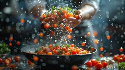 Flying Food with Chef and Floating Ingredients From Frying Pan