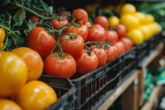 Bright red tomatoes on display, creating an image representing freshness, organic produce, and market shopping experience