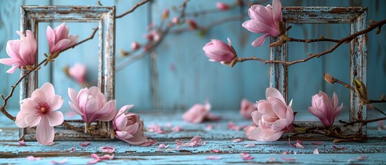 Retro empty photo frames with magnolia flowers against a rustic wooden background.