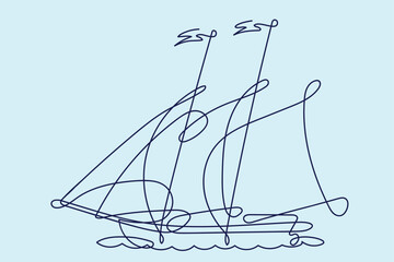 A boat with sails floats on the sea. One line drawing. Continuous line without break.