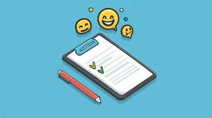 A clipboard and mobile device side by side, gathering feedback with emojis to capture reactions and insights