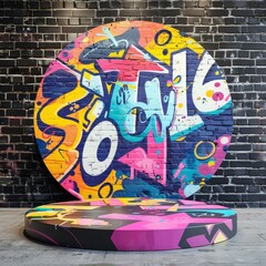 Bold graffiti podium, front view focus, with an urban street art mural background, ideal for streetwear collection