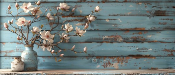 Retro photo frames with magnolia flowers atop shabby wooden planks in a rustic style...