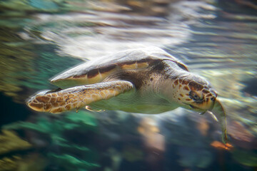 Motion defocused photo of a turtle swimming underwater