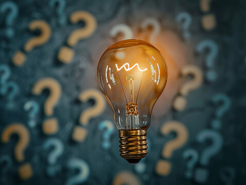 A cluster of questions under a bright lightbulb, symbolizing the journey from inquiry to solution