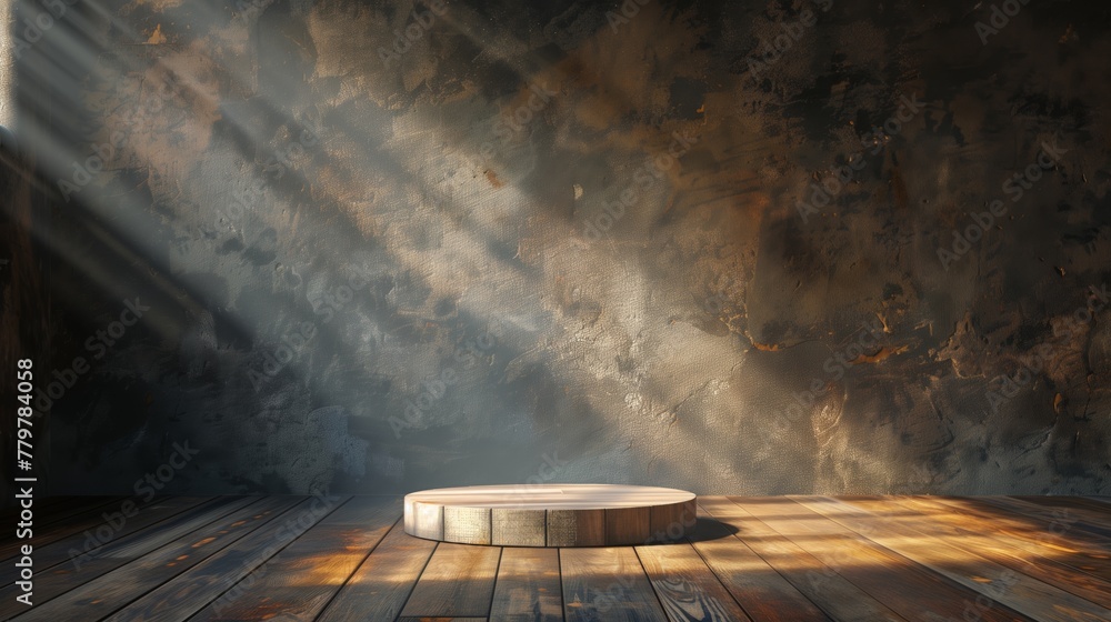 Wall mural Dramatic sunlight casting rays on a pedestal in a dark textured room