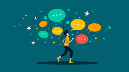 A dynamic scene of a person running, collecting speech bubbles of feedback, illustrating the emotional impact of reviews