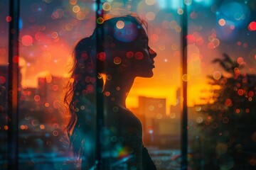 A silhouette of a young woman lost in thought against the bokeh of city lights at dusk - obrazy, fototapety, plakaty