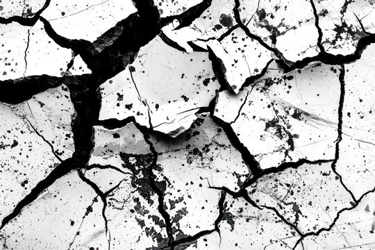 cracked grunge dry black and white abstract surface illustration texture isolated on transparent background PNG file