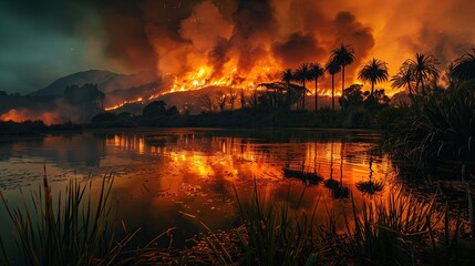 Fototapeta premium Forest fires, burning forests, mountains, and smog are spreading quickly.