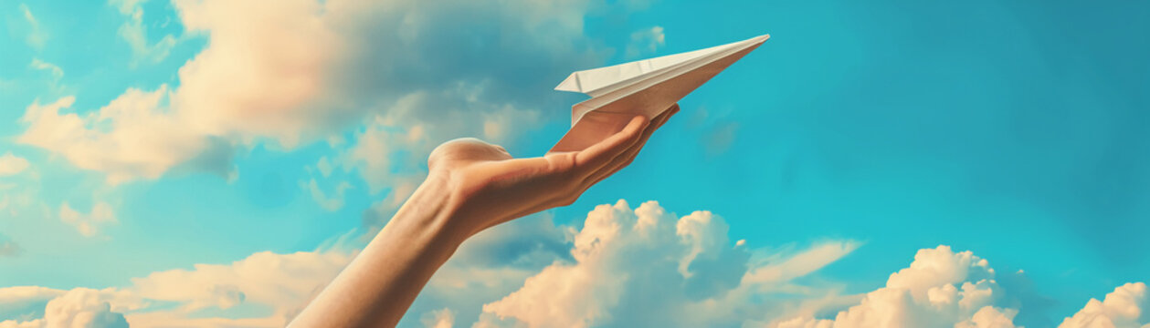 A hand releasing a paper plane towards the sky, an allegory for launching innovative projects with high aspirations