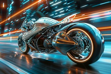 A motorcyclist rides down a bustling city street at night, streaks of lights from passing cars illuminate the scene - obrazy, fototapety, plakaty
