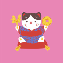 Japanese Maneki Neko amulet, lucky cat wealth symbol, vector kitten in kimono sits on pillow and holding golden coin