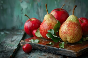 A bunch of pears sitting on top of a wooden cutting board