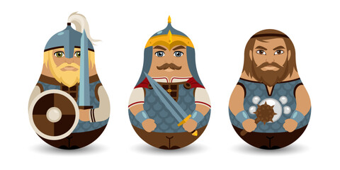 A set of three tilting toy. The Military commander and his squad. Medieval Slavic warriors are heroes. A designer tilting toy for your business project