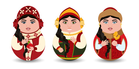 A set of three tilting toy. A Russian doll on an isolated background. Girls in Old Slavic dresses and a kokoshnik. A tilting toy in a modern design for your business project