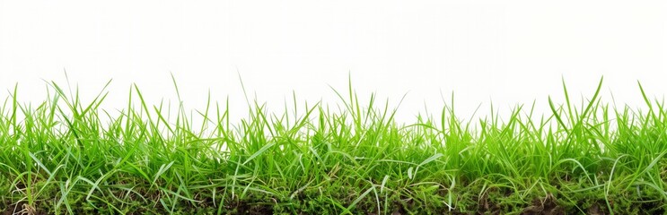 Close-up of vibrant green grass with roots and soil on white background