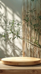 Light bamboo podium, front view focus, with a zen spa background, ideal for organic wellness products