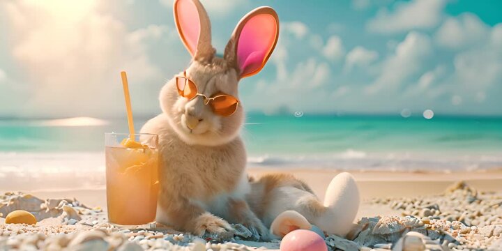 Cool Easter bunny on vacation on the beach with a cocktail. 4K Video