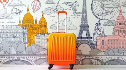 Orange suitcase in front of a world landmark themed illustrated wallpaper.
