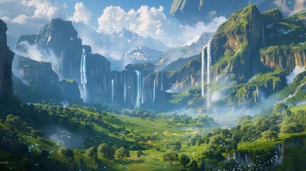 Missiles converting into majestic waterfalls as they arch across a brightly lit, peaceful valley - obrazy, fototapety, plakaty