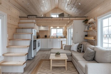 Modern tiny house interior with efficient space use