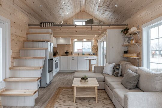 Modern tiny house interior with efficient space use