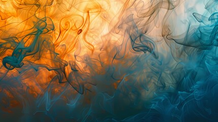 Sunset orange smoke forming intricate shapes over a canvas adorned with royal blue and emerald.