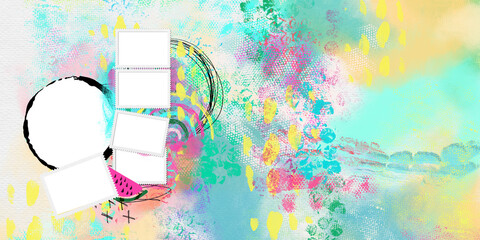 Colorful quick page. Book- creative template. Empty photo- frame universal