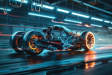 Fototapeta premium A sleek, modern car with futuristic design speeds through a tunnel, illuminated by neon lights