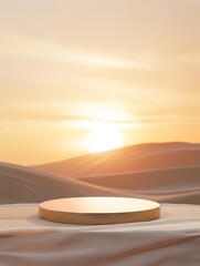 Radiant sunburst podium, front view focus, with a desert sunrise background, ideal for summer skincare releases