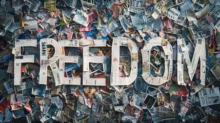 The word 'FREEDOM' cut out from clippings on a collage background.