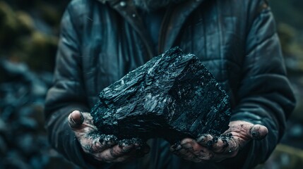 Expert in geology holding a chunk of coal deep in thought about its origins and composition - obrazy, fototapety, plakaty