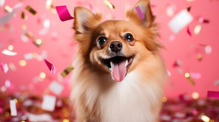 Fototapeta na wymiar Happy cute dog celebrates birthday with confetti falling down
