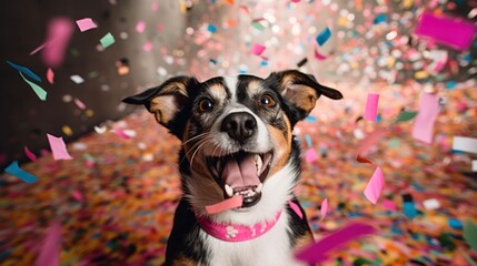 Happy cute dog celebrates birthday with confetti falling down