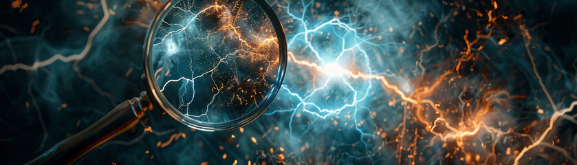 A magnifying glass focuses on a knot with lightning, illustrating the power of analysis in complexity