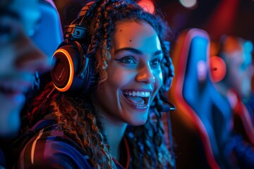 Female gamer wearing a headset at an esports event
