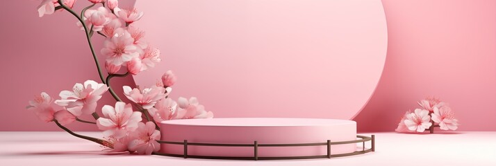 Background podium 3D spring flower product beauty pink display nature. 3D podium stand background scene floral mockup cosmetic white blossom summer abstract shadow platform minimal design render stage