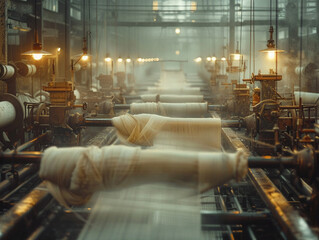 Spinning Jenny, White Cotton Textile, Revolutionary machine transforming textile industry, Busy factory scene during the Industrial Revolution, Overcast, Realistic, Backlights - obrazy, fototapety, plakaty