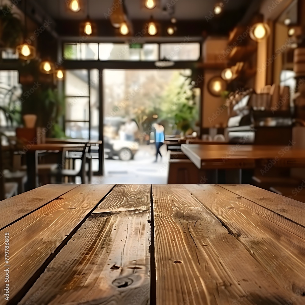 Poster warm wooden table in blurred caf setting with inviting product showcase and copy space