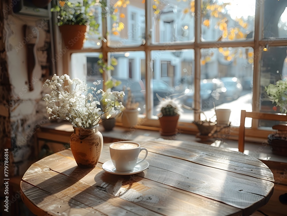 Poster cozy rustic table by the window soft cafe ambiance and ideal for product placement with copy space
