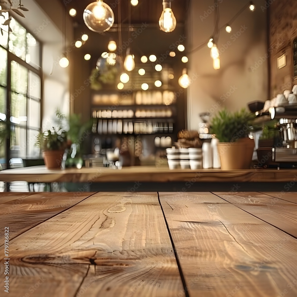 Poster cozy wooden table in inviting caf setting with blurred background and ample copy space