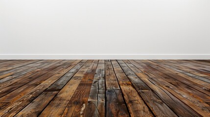 Empty room with a textured wooden floor leading to a plain white wall - obrazy, fototapety, plakaty