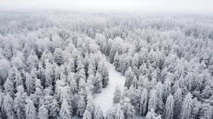 Drone photo of winter forest, aerial top view with fresh snow and white trees in the countryside. Drone photo.